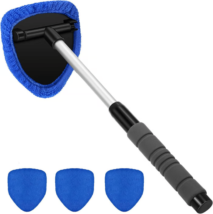 🔥 Windshield Cleaning Tool, Microfiber Car Window Cleaner with 3 Reusable and Washable Microfiber Pads and Extendable Handle