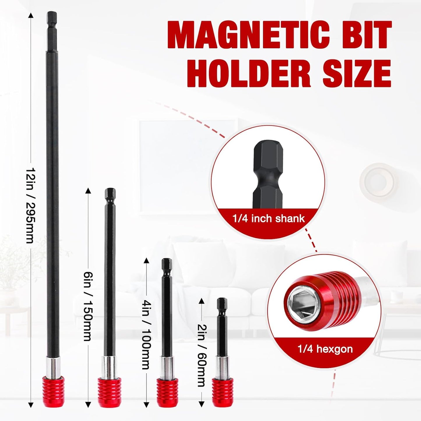 Drill Bit Extension Set 4 Pcs, Magnetic 1/4" Hex Quick Release Bit Holder, 2/4/6/12" Sizes, CR-V Steel for Impact Driver & Screwdriver Bits
