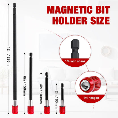 Drill Bit Extension Set 4 Pcs, Magnetic 1/4" Hex Quick Release Bit Holder, 2/4/6/12" Sizes, CR-V Steel for Impact Driver & Screwdriver Bits
